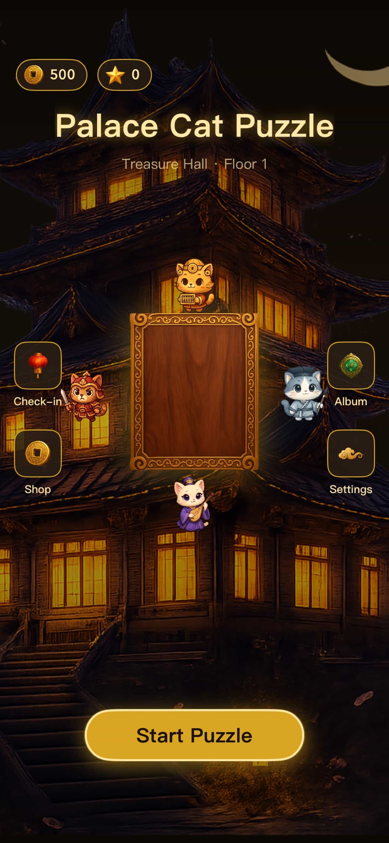 Palace Cat Puzzle main menu under a crescent moon